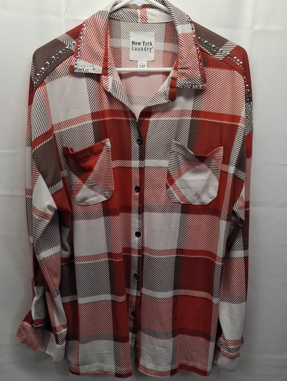 New York Laundry Red and Brown Plaid Button-Down Blouse